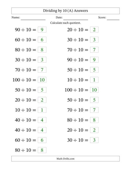 The Horizontally Arranged Dividing by 10 with Quotients 1 to 10 (25 Questions; Large Print) (All) Math Worksheet Page 2