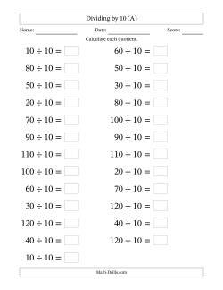 Horizontally Arranged Dividing by 10 with Quotients 1 to 12 (25 Questions; Large Print)