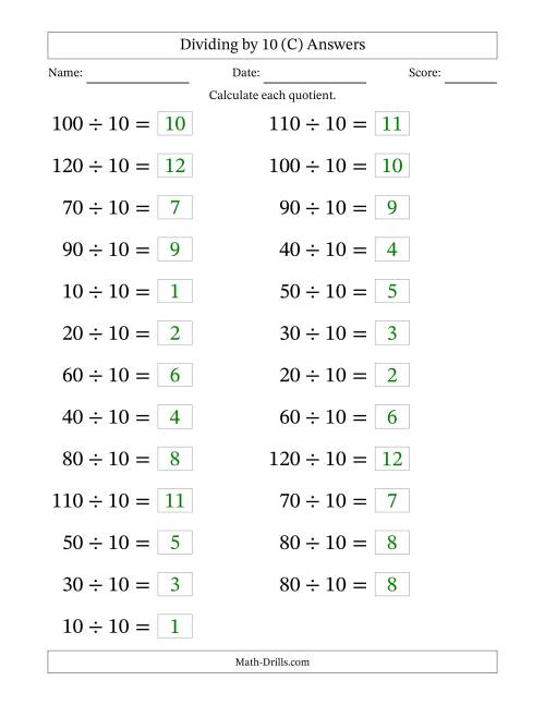 The Horizontally Arranged Dividing by 10 with Quotients 1 to 12 (25 Questions; Large Print) (C) Math Worksheet Page 2