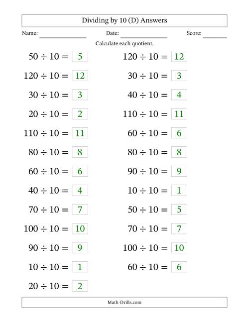 The Horizontally Arranged Dividing by 10 with Quotients 1 to 12 (25 Questions; Large Print) (D) Math Worksheet Page 2