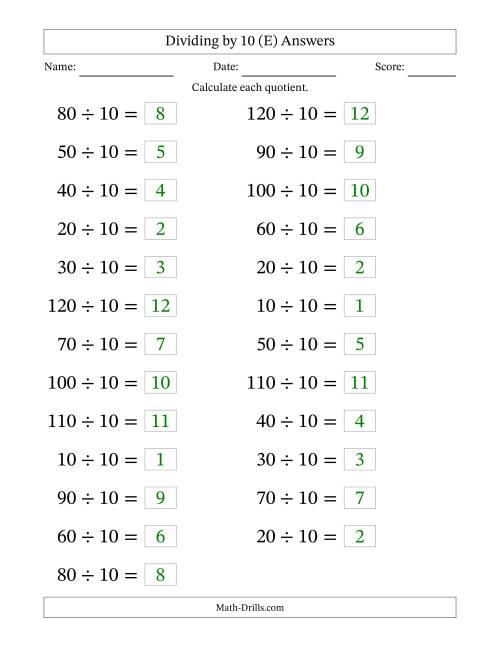 The Horizontally Arranged Dividing by 10 with Quotients 1 to 12 (25 Questions; Large Print) (E) Math Worksheet Page 2