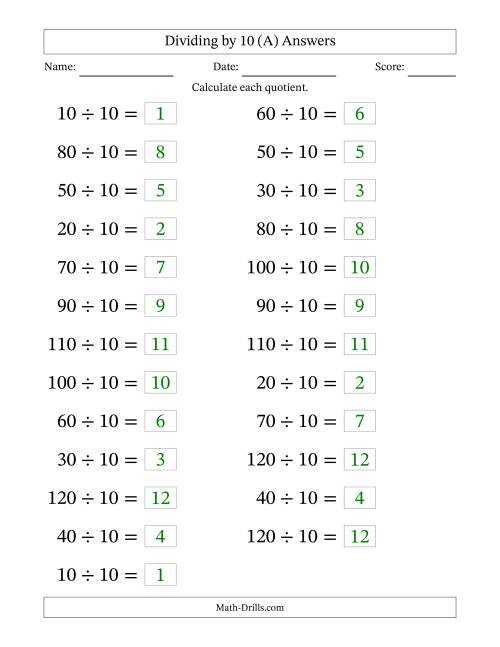 The Horizontally Arranged Dividing by 10 with Quotients 1 to 12 (25 Questions; Large Print) (All) Math Worksheet Page 2