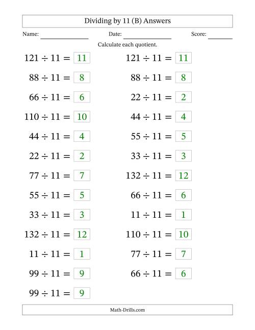 The Horizontally Arranged Dividing by 11 with Quotients 1 to 12 (25 Questions; Large Print) (B) Math Worksheet Page 2