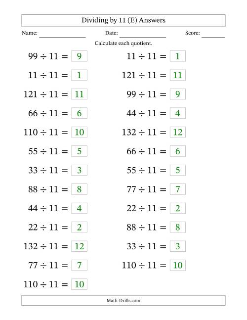 The Horizontally Arranged Dividing by 11 with Quotients 1 to 12 (25 Questions; Large Print) (E) Math Worksheet Page 2