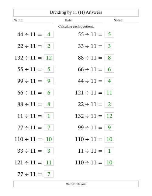 The Horizontally Arranged Dividing by 11 with Quotients 1 to 12 (25 Questions; Large Print) (H) Math Worksheet Page 2