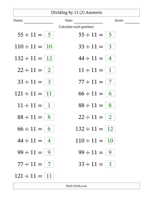 The Horizontally Arranged Dividing by 11 with Quotients 1 to 12 (25 Questions; Large Print) (J) Math Worksheet Page 2