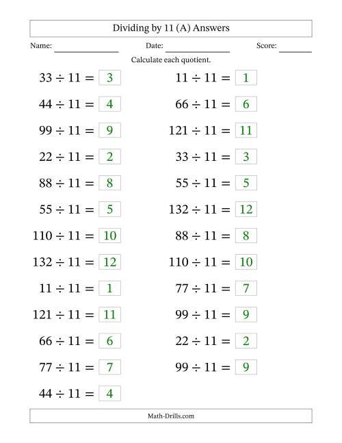 The Horizontally Arranged Dividing by 11 with Quotients 1 to 12 (25 Questions; Large Print) (All) Math Worksheet Page 2