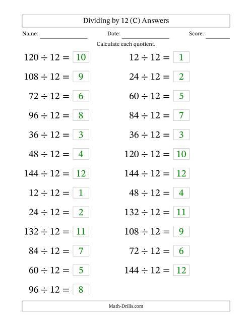 The Horizontally Arranged Dividing by 12 with Quotients 1 to 12 (25 Questions; Large Print) (C) Math Worksheet Page 2