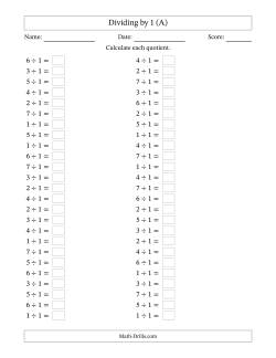 Horizontally Arranged Dividing by 1 with Quotients 1 to 7 (50 Questions)