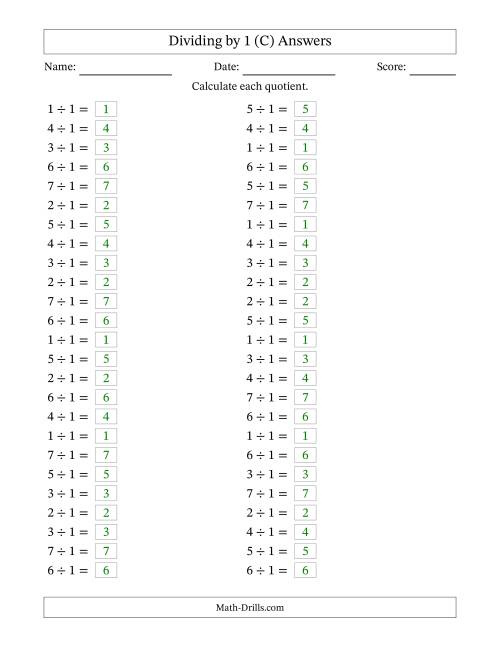 The Horizontally Arranged Dividing by 1 with Quotients 1 to 7 (50 Questions) (C) Math Worksheet Page 2