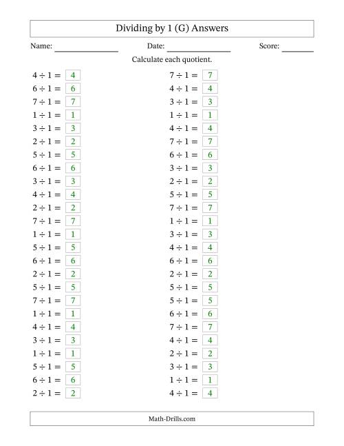 The Horizontally Arranged Dividing by 1 with Quotients 1 to 7 (50 Questions) (G) Math Worksheet Page 2