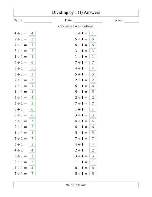 The Horizontally Arranged Dividing by 1 with Quotients 1 to 7 (50 Questions) (I) Math Worksheet Page 2