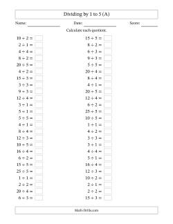 Horizontally Arranged Division Facts with Divisors 1 to 5 and Dividends to 25 (50 Questions)