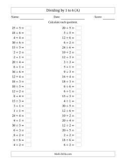 Horizontally Arranged Division Facts with Divisors 1 to 6 and Dividends to 36 (50 Questions)