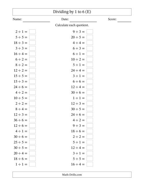 The Horizontally Arranged Division Facts with Divisors 1 to 6 and Dividends to 36 (50 Questions) (E) Math Worksheet