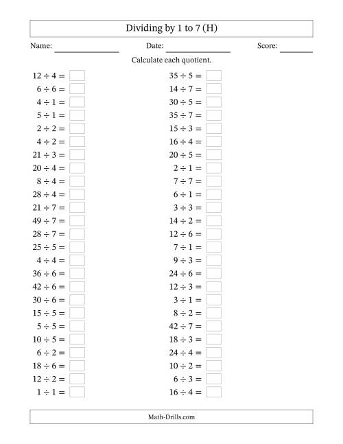 The Horizontally Arranged Division Facts with Divisors 1 to 7 and Dividends to 49 (50 Questions) (H) Math Worksheet