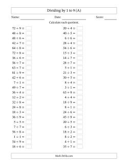 Horizontally Arranged Division Facts with Divisors 1 to 9 and Dividends to 81 (50 Questions)