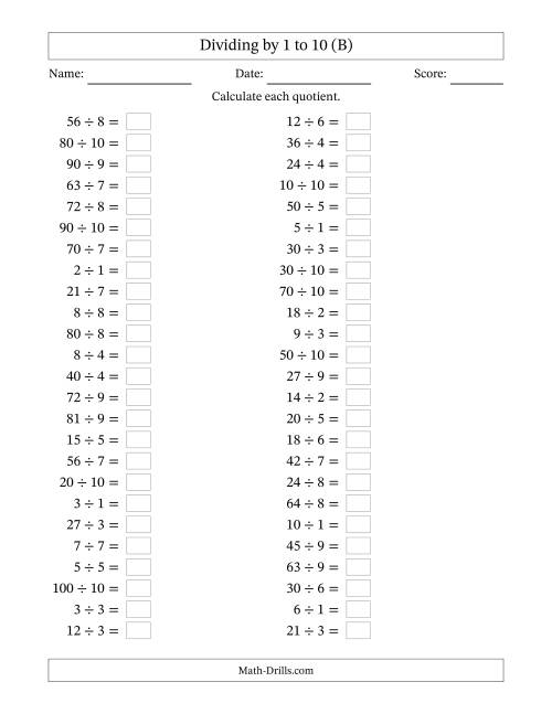 The Horizontally Arranged Division Facts with Divisors 1 to 10 and Dividends to 100 (50 Questions) (B) Math Worksheet