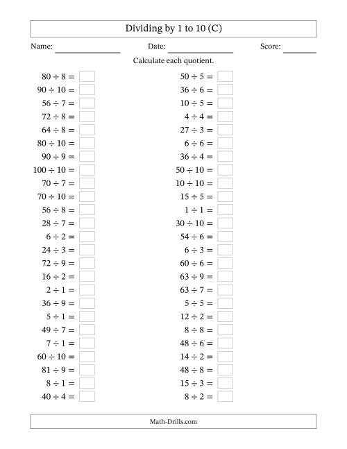 The Horizontally Arranged Division Facts with Divisors 1 to 10 and Dividends to 100 (50 Questions) (C) Math Worksheet