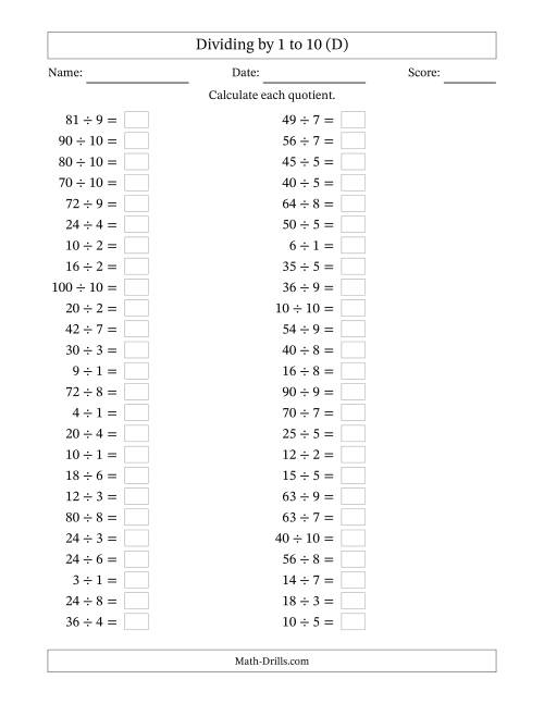 The Horizontally Arranged Division Facts with Divisors 1 to 10 and Dividends to 100 (50 Questions) (D) Math Worksheet