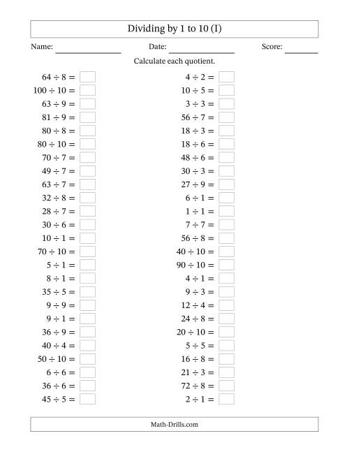 The Horizontally Arranged Division Facts with Divisors 1 to 10 and Dividends to 100 (50 Questions) (I) Math Worksheet