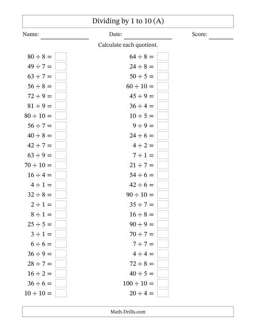 The Horizontally Arranged Division Facts with Divisors 1 to 10 and Dividends to 100 (50 Questions) (All) Math Worksheet