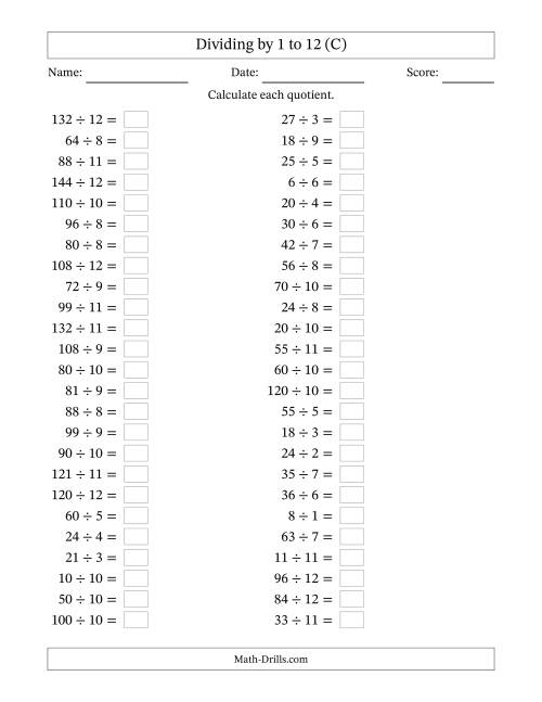 The Horizontally Arranged Division Facts with Divisors 1 to 12 and Dividends to 144 (50 Questions) (C) Math Worksheet