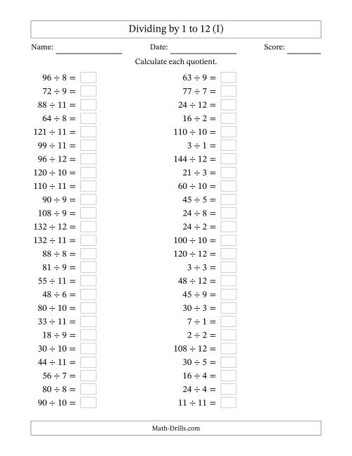 The Horizontally Arranged Division Facts with Divisors 1 to 12 and Dividends to 144 (50 Questions) (I) Math Worksheet