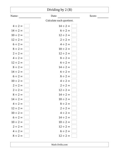The Horizontally Arranged Dividing by 2 with Quotients 1 to 7 (50 Questions) (B) Math Worksheet