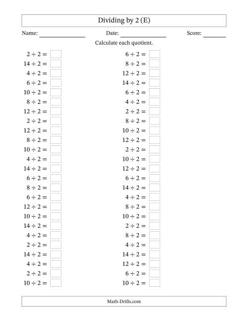 The Horizontally Arranged Dividing by 2 with Quotients 1 to 7 (50 Questions) (E) Math Worksheet