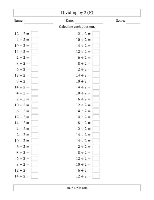 The Horizontally Arranged Dividing by 2 with Quotients 1 to 7 (50 Questions) (F) Math Worksheet