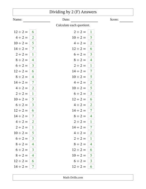 The Horizontally Arranged Dividing by 2 with Quotients 1 to 7 (50 Questions) (F) Math Worksheet Page 2