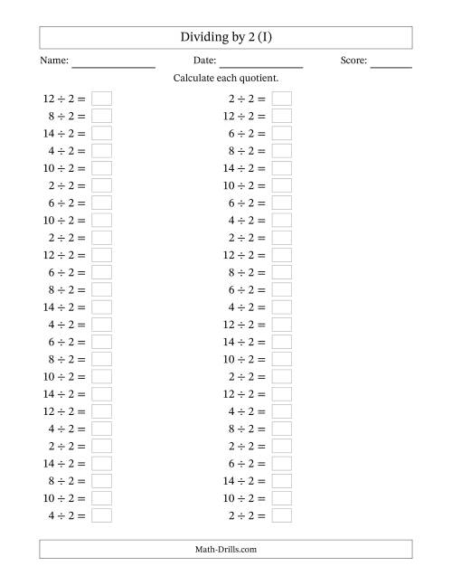The Horizontally Arranged Dividing by 2 with Quotients 1 to 7 (50 Questions) (I) Math Worksheet
