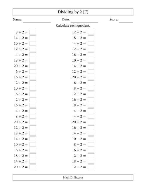 The Horizontally Arranged Dividing by 2 with Quotients 1 to 10 (50 Questions) (F) Math Worksheet