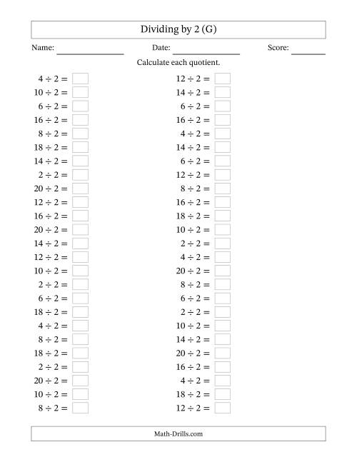 The Horizontally Arranged Dividing by 2 with Quotients 1 to 10 (50 Questions) (G) Math Worksheet