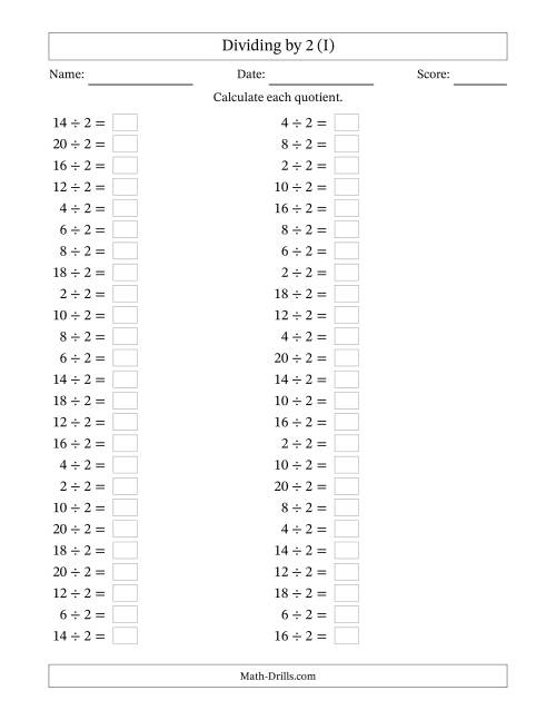 The Horizontally Arranged Dividing by 2 with Quotients 1 to 10 (50 Questions) (I) Math Worksheet