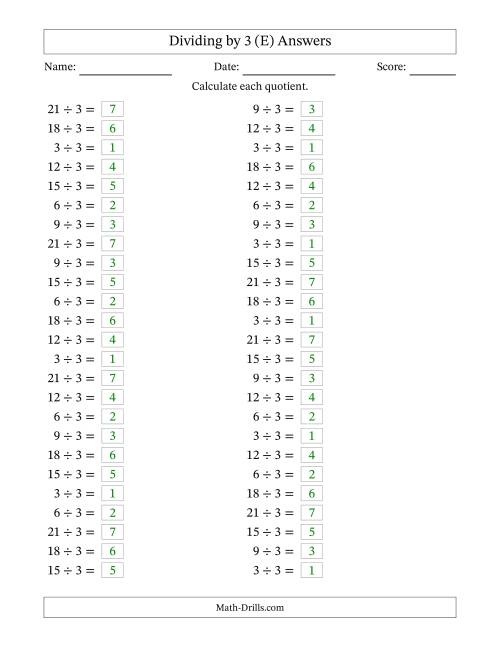 The Horizontally Arranged Dividing by 3 with Quotients 1 to 7 (50 Questions) (E) Math Worksheet Page 2