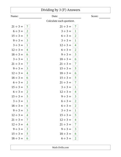 The Horizontally Arranged Dividing by 3 with Quotients 1 to 7 (50 Questions) (F) Math Worksheet Page 2