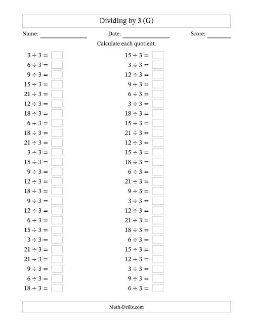 The Horizontally Arranged Dividing by 3 with Quotients 1 to 7 (50 Questions) (G) Math Worksheet