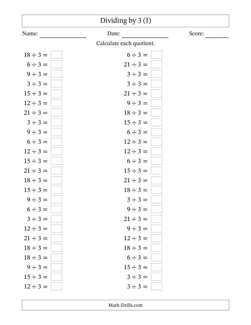 The Horizontally Arranged Dividing by 3 with Quotients 1 to 7 (50 Questions) (I) Math Worksheet