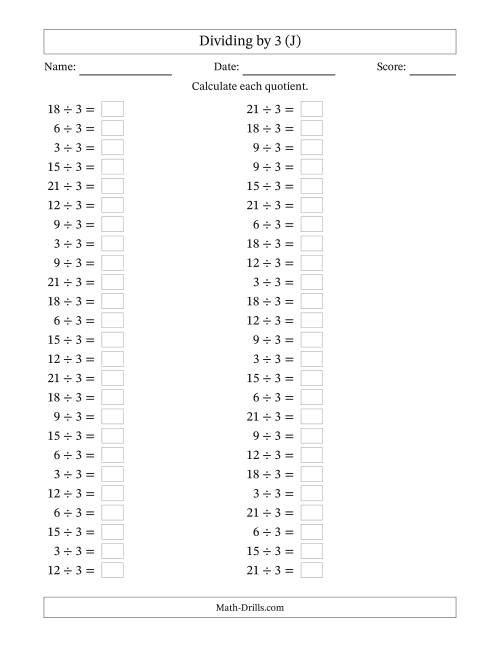 The Horizontally Arranged Dividing by 3 with Quotients 1 to 7 (50 Questions) (J) Math Worksheet