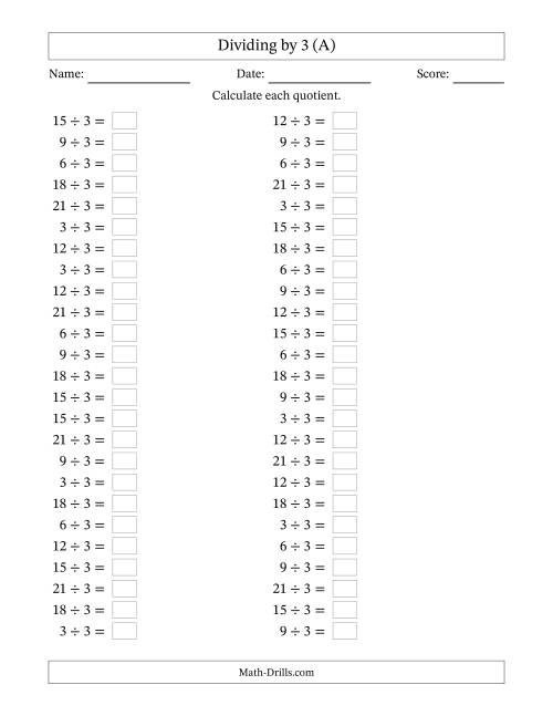 The Horizontally Arranged Dividing by 3 with Quotients 1 to 7 (50 Questions) (All) Math Worksheet