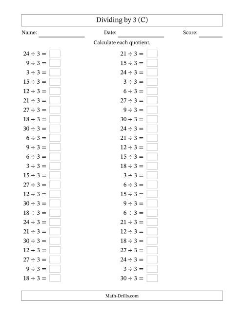 The Horizontally Arranged Dividing by 3 with Quotients 1 to 10 (50 Questions) (C) Math Worksheet