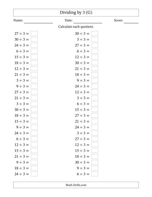 The Horizontally Arranged Dividing by 3 with Quotients 1 to 10 (50 Questions) (G) Math Worksheet