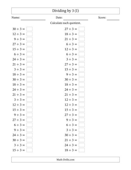 The Horizontally Arranged Dividing by 3 with Quotients 1 to 10 (50 Questions) (I) Math Worksheet
