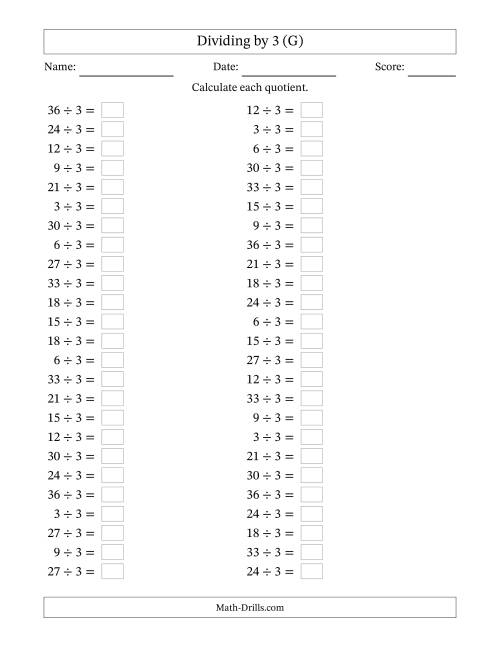 The Horizontally Arranged Dividing by 3 with Quotients 1 to 12 (50 Questions) (G) Math Worksheet