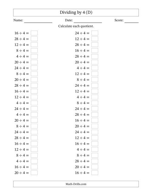 The Horizontally Arranged Dividing by 4 with Quotients 1 to 7 (50 Questions) (D) Math Worksheet