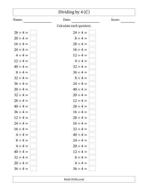 The Horizontally Arranged Dividing by 4 with Quotients 1 to 10 (50 Questions) (C) Math Worksheet