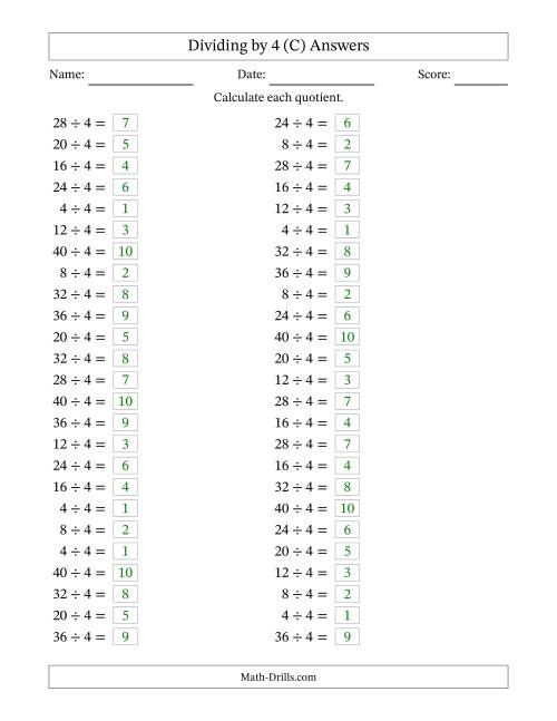 The Horizontally Arranged Dividing by 4 with Quotients 1 to 10 (50 Questions) (C) Math Worksheet Page 2
