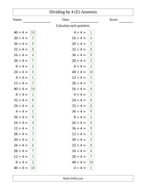 The Horizontally Arranged Dividing by 4 with Quotients 1 to 10 (50 Questions) (E) Math Worksheet Page 2